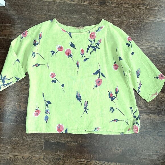 Lime Green Floral 100% Linen Tunic Top Blouse-Made in Italy-Size Large - Picture 1 of 8